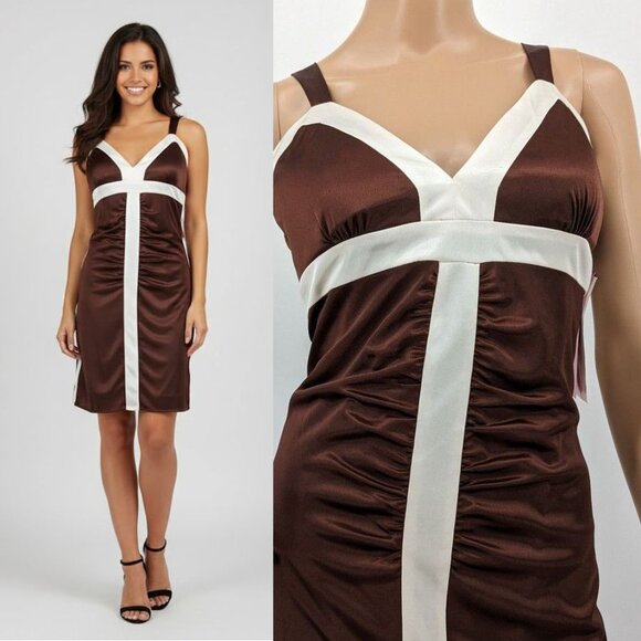 NWT Vintage y2k 2000s Morgan & Co Mini Dress Brown Ruching Mod Size L - Picture 1 of 10